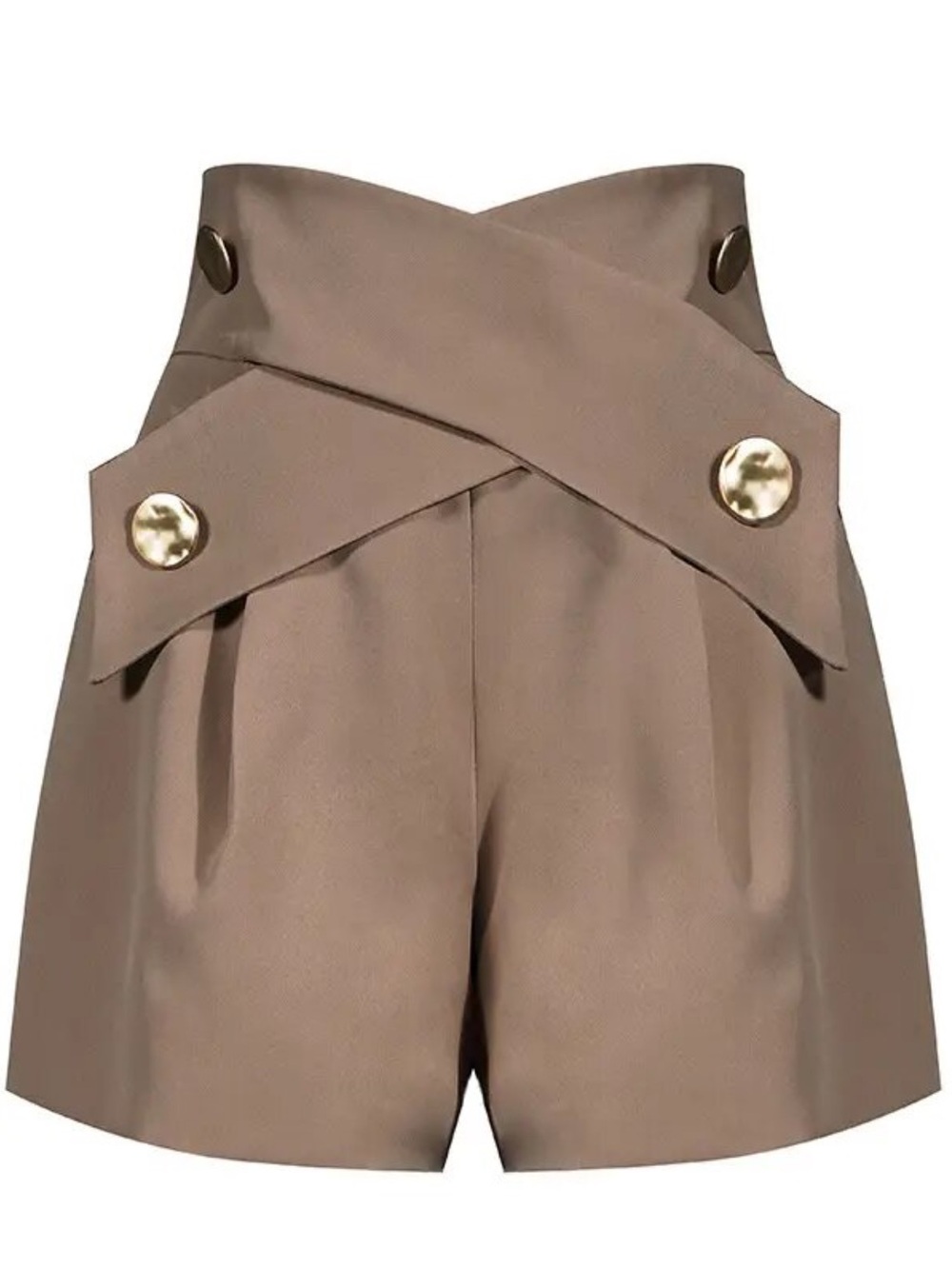 High-Waist Taupe Cross-Wrap Shorts with Gold Buttons